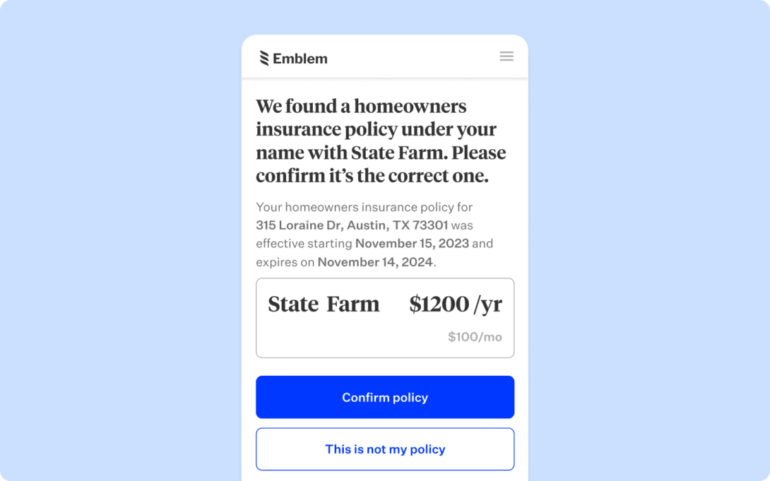 Blue rectangular card featuring mobile view of confirmation page for a homeowners insurance policy